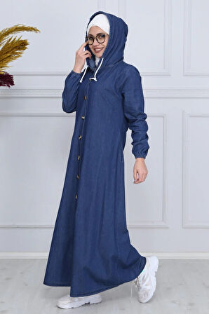 Kadın Boydan Düğmeli Kapüşonlu Koyu Mavi Kot Elbise