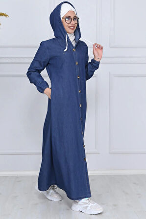 Kadın Boydan Düğmeli Kapüşonlu Koyu Mavi Kot Elbise