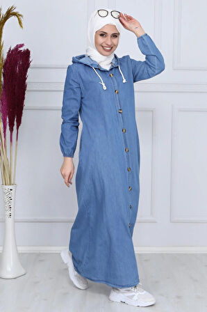Kadın Boydan Düğmeli Kapüşonlu Açık Mavi Kot Elbise