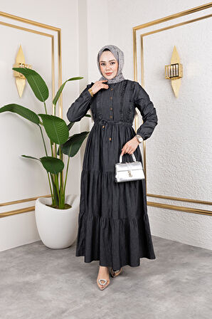 Kadın Düğme Detaylı Fırfırlı Kot Elbise