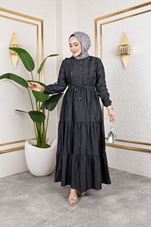 Kadın Düğme Detaylı Fırfırlı Kot Elbise