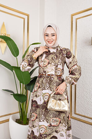 Kadın Kemerli Etnik Desen Elbise