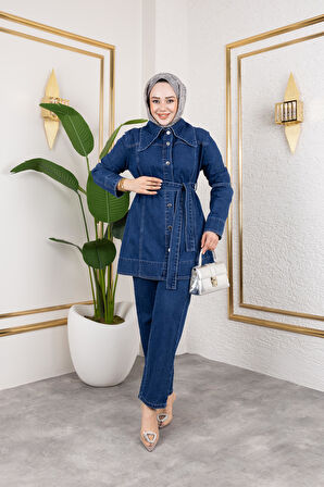 Kadın Düğmeli Kuşaklı 2Li Kot Takım