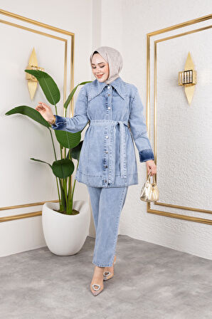 Kadın Düğmeli Kuşaklı 2Li Kot Takım