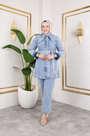 Kadın Düğmeli Kuşaklı 2Li Kot Takım