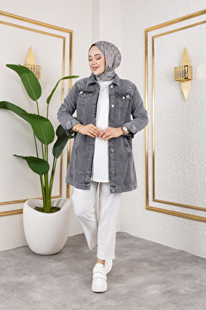 Kadın Boncuk İşlemeli Denim Kot Ceket