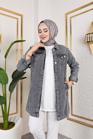 Kadın Boncuk İşlemeli Denim Kot Ceket