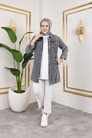Kadın Boncuk İşlemeli Denim Kot Ceket