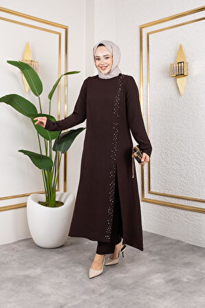 İnci Detaylı Tesettür İkili Takım Kahverengi
