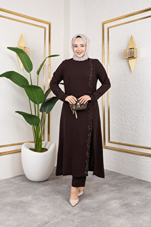 İnci Detaylı Tesettür İkili Takım Kahverengi