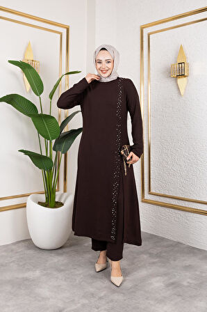 İnci Detaylı Tesettür İkili Takım Kahverengi