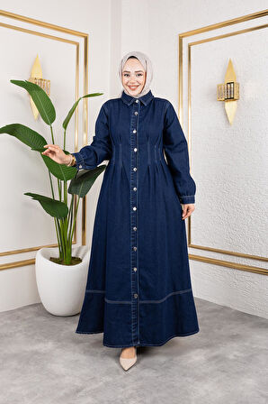 Beli Büzgülü Düğmeli Kot Elbise Lacivert