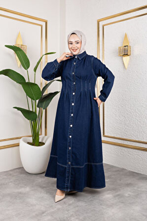 Beli Büzgülü Düğmeli Kot Elbise Lacivert