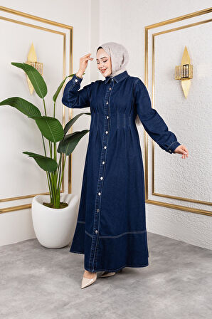 Beli Büzgülü Düğmeli Kot Elbise Lacivert
