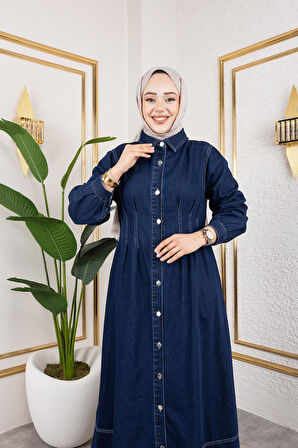 Beli Büzgülü Düğmeli Kot Elbise Lacivert