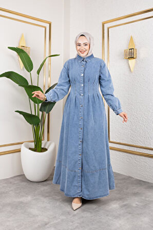 Beli Büzgülü Düğmeli Kot Elbise Mavi