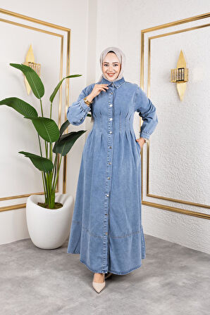 Beli Büzgülü Düğmeli Kot Elbise Mavi