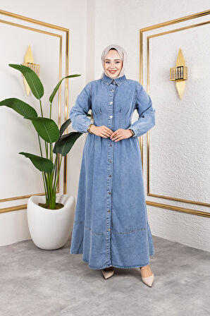 Beli Büzgülü Düğmeli Kot Elbise Mavi