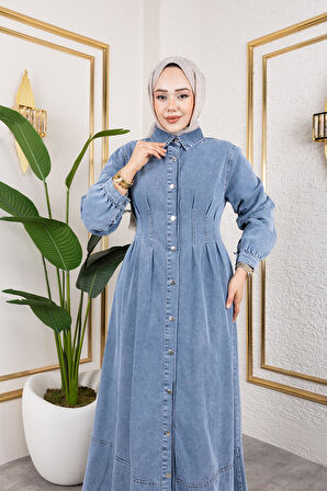 Beli Büzgülü Düğmeli Kot Elbise Mavi