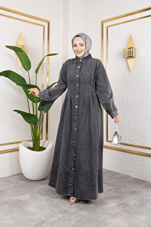 Beli Büzgülü Düğmeli Kot Elbise Siyah