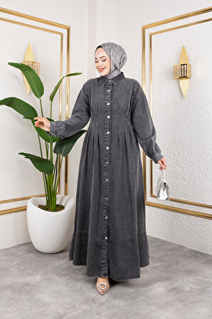 Beli Büzgülü Düğmeli Kot Elbise Siyah