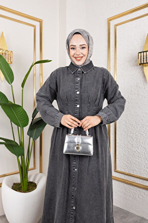 Beli Büzgülü Düğmeli Kot Elbise Siyah