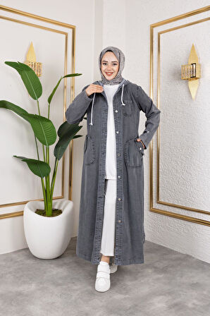 Kadın Cepli Düğmeli Kapüşonlu Denim Kot Trençkot
