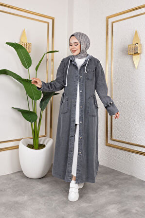 Kadın Cepli Düğmeli Kapüşonlu Denim Kot Trençkot