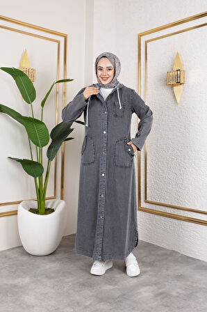 Kadın Cepli Düğmeli Kapüşonlu Denim Kot Trençkot