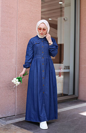 Düğmeli Uzun Kot Tesettür Elbise Koyu Mavi