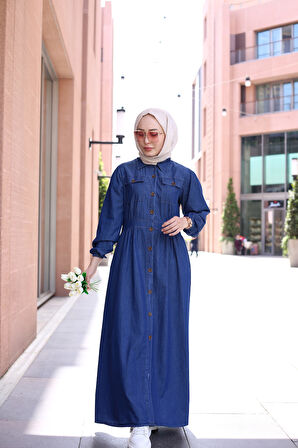 Düğmeli Uzun Kot Tesettür Elbise Koyu Mavi