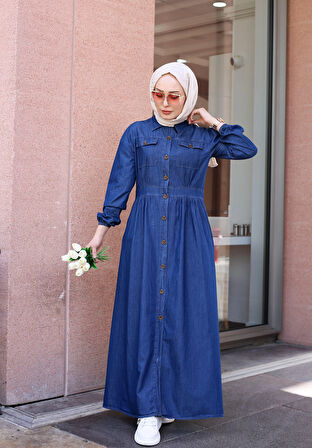 Düğmeli Uzun Kot Tesettür Elbise Koyu Mavi
