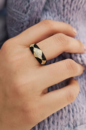 Sarı Altın Siyah Mineli Bombeli Altın Kombin Yüzük