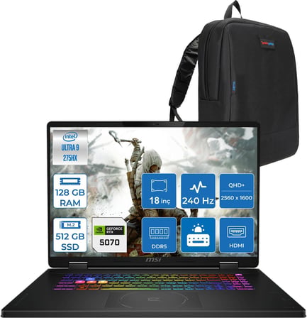Msı Crosshaır 18 Hx Aı A2XWGKG-032XTR Intel Core Ultra 9-275HX Aı 128GB 512GB SSD 8GB/RTX5070 Gddr7 115W 18"2.5k (2560 x 1600, Wqxga) 240Hz  Freedos Taşınabilir Bilgisayar W032XTRF41128G + Zettaçanta