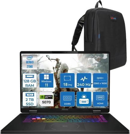 MSI Msı Crosshaır 18 Hx Aı A2XWGKG-032XTR Intel Core Ultra 9-275HX Aı 128GB 1tb Ssd+1tbssd 8GB/RTX5070 Gddr7 115W 18"2.5k Windows 11 Pro Taşınabilir Bilgisayar W032XTRP44128G + Zettaçanta