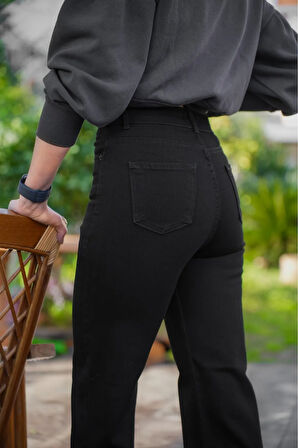 New Joryio Siyah Likralı Bol Paça Jean - Salaş Wide Leg Kot Pantolon