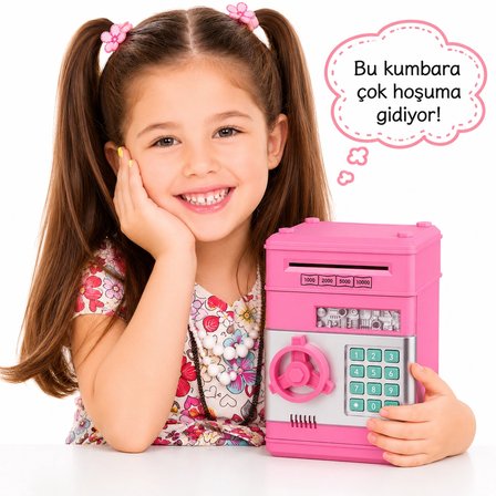 Şifreli  Çocuk Kumbarası ATM Para Kasası Otomatik Para Çeken Sesli Işıklı Pembe