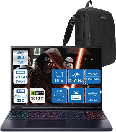 Acer Predator Helıos Neo 16 Aı Core™ Ultra 9 275HX 128GB Ddr5 256GB SSD 12GB/RTX5070Tİ/170W Gddr7 16INÇ Qhd+ 2560 x 1600 240Hz IPS Freedos Gaming BILG.NHQX2EY002F26128G + Zettaçanta