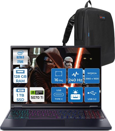 Acer Predator Helıos Neo 16 Aı Core™ Ultra 9 275HX 128GB Ddr5 1tb SSD 12GB/RTX5070Tİ/170W Gddr7 16INÇ Qhd+ 2560 x 1600 240Hz IPS Freedos Gaming BILG.NHQX2EY002F28128G + Zettaçanta