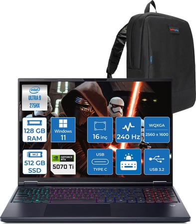 Acer Predator Helıos Neo 16 Aı Core™ Ultra 9 275HX 128GB Ddr5 512GB SSD 12GB/RTX5070Tİ/170W Gddr7 16INÇ Qhd+ 2560 x 1600 240Hz IPS WIN11HOME Gaming BILG.NHQX2EY002H27128G + Zettaçanta