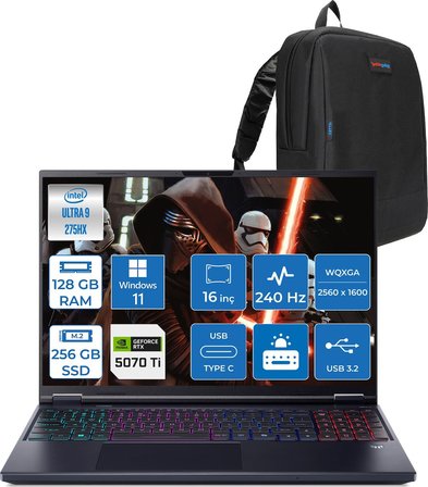 Acer Predator Helıos Neo 16 Aı Core™ Ultra 9 275HX 128GB Ddr5 256GB SSD 12GB/RTX5070Tİ/170W Gddr7 16INÇ Qhd+ 2560 x 1600 240Hz IPS WIN11PRO Gaming BILG.NHQX2EY002P26128G + Zettaçanta