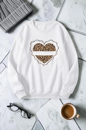 Unisex Leopar Desenli Kalp Baskılı Bisiklet Yaka Sweatshirt