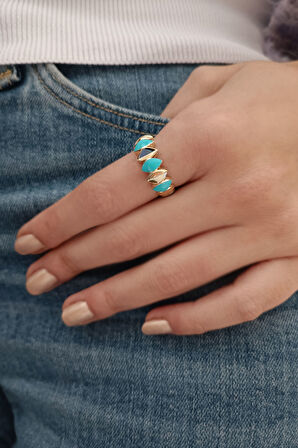 Sarı Altın Altın Firuze Mineli Kombin Badem Yüzük