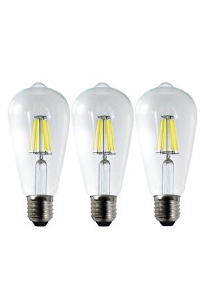 3 Adet St64 Led Rustik Ampul Şeffaf Cam 6 W Beyaz Işık 6500 Kelvin