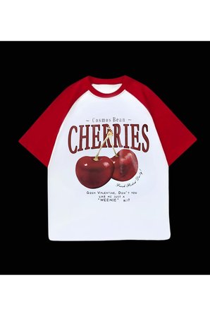 Beyaz Cherrıes Baskılı Oversize T-Shirt