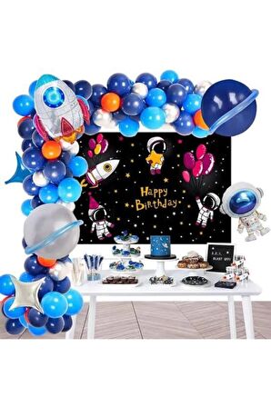 60 Adet Balonlu Astronot Uzay Temalı Doğum Günü Balon Zinciri Doğum Günü Süsü