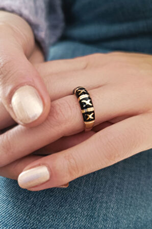 Sarı Altın Siyah Mineli Altın Tasarım Yüzük