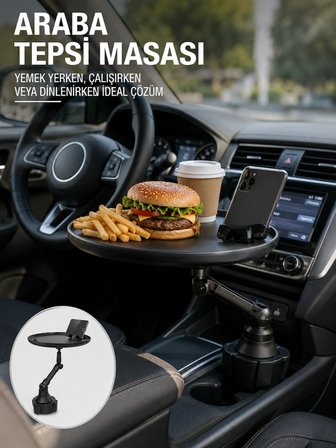 Araç İçi 360° Ayarlanabilir Bardaklık Tepsisi Geniş Yüzeyli Ve Telefon Standlı Yeni Nesil