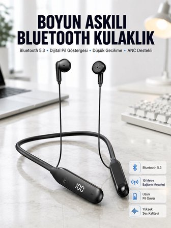 60 Saat Kablolu Boyun Askılı Dijital Göstergeli Bluetooth Kulaklığı Yeni Nesil