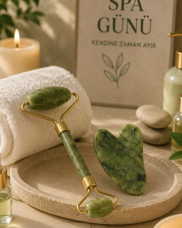Jade Stone Yüz Bakım Seti Gua Sha Ve Roller Masaj Taşı